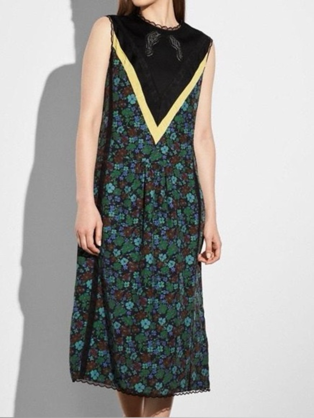 Coach Black Satin Yoke Floral Mini Dress with Yellow Trim